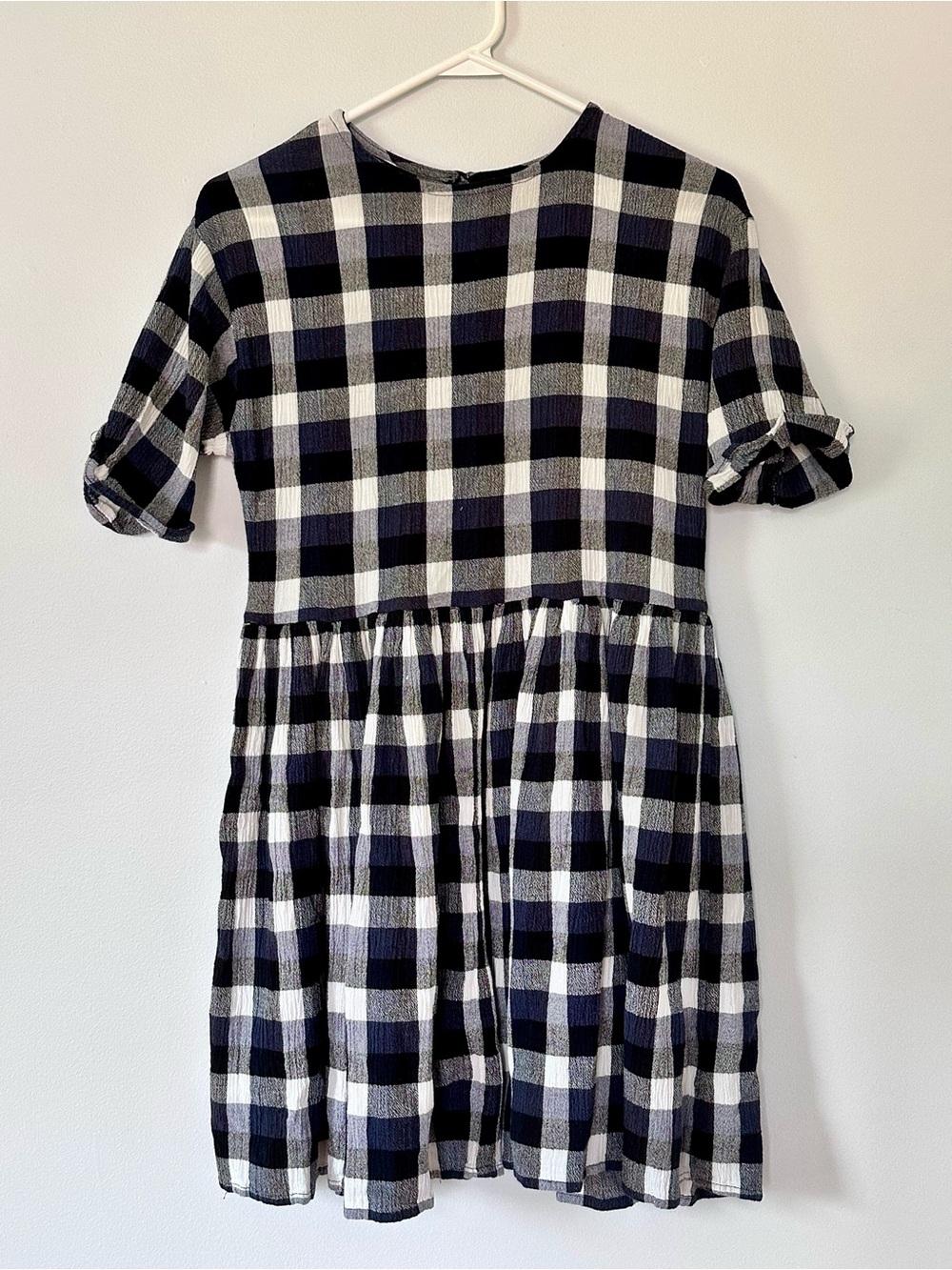 Black and White Plaid Short Sleeve Mini Dress urban outfitters babydoll